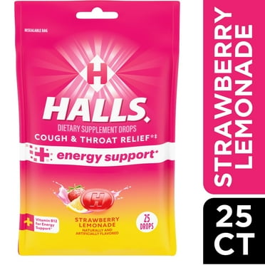 HALLS Cough and Throat Relief Plus Energy Support, Strawberry Lemonade Cough Drops, 25 Drops