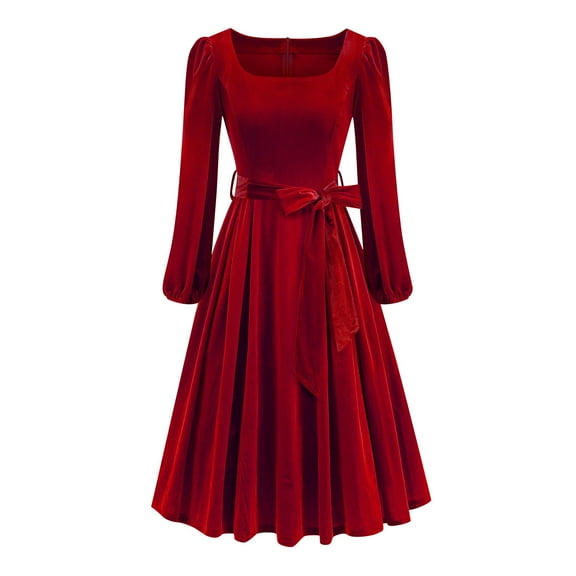 ClodeEU Women's Elegant Square Neck Long Sleeve Vintage Velvet Midi Dress With Belt,Swing Dress Cocktail Dress Red,Womens Plus M