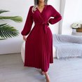 thumbnail image 4 of qafoshin Fall Pleated Dresses for Women V Neck Long Sleeve Midi Dress Waistband Classic Ruched Dress, 4 of 7