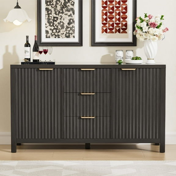 Lumiinofami Buffet Storage Cabinet, Modern Home Fluted Sideboard Console Coffee Bar Table with Doors and Drawers for Kitchen Dining Room, Black