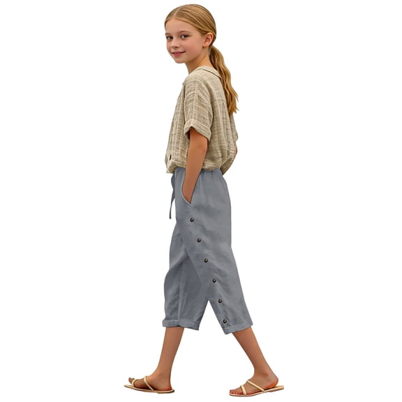 ZLBDYG Linen Capri Pants Girls 2026 Spring Summer Casual Drawstring Side Button Capris Kids Elastic Waist Wide Leg Cropped Shorts