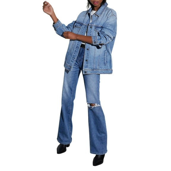 Women Boyfriend Straight Jeans Ripped High Waisted Straight Leg Loose Soft Fit Distressed Zipper Denim Blue L