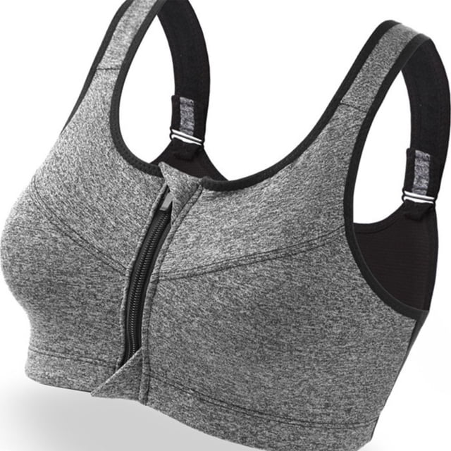 Sujetador deportivo transpirable con tirantes anchos y cremallera frontal, sujetador deportivo profesional de alta resistencia para correr, yoga, L, gris