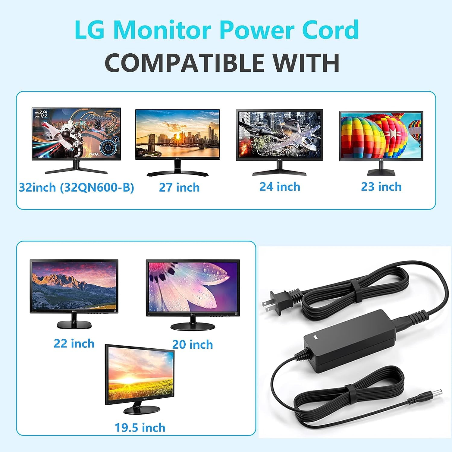 VHBW for LG Monitor Power Cord 19V DC Power Supply for LG Electronics Monitor Replacement LG Monitor Power Adapter Cord