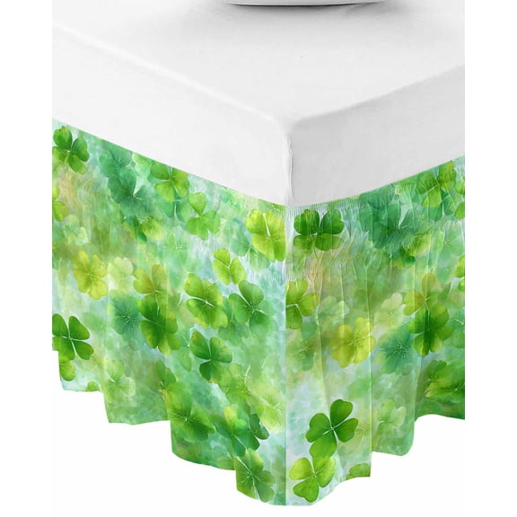 St. Patrick's Day Bed Skirt Cal King 18 Inch Drop, Wrap Around Bed Skirts, Farmhouse Spring Watercolor Green Clovers Elastic Bedskirt Pleated Bed Frame Cover Luxurious Dust Ruffle for Cal King Bed