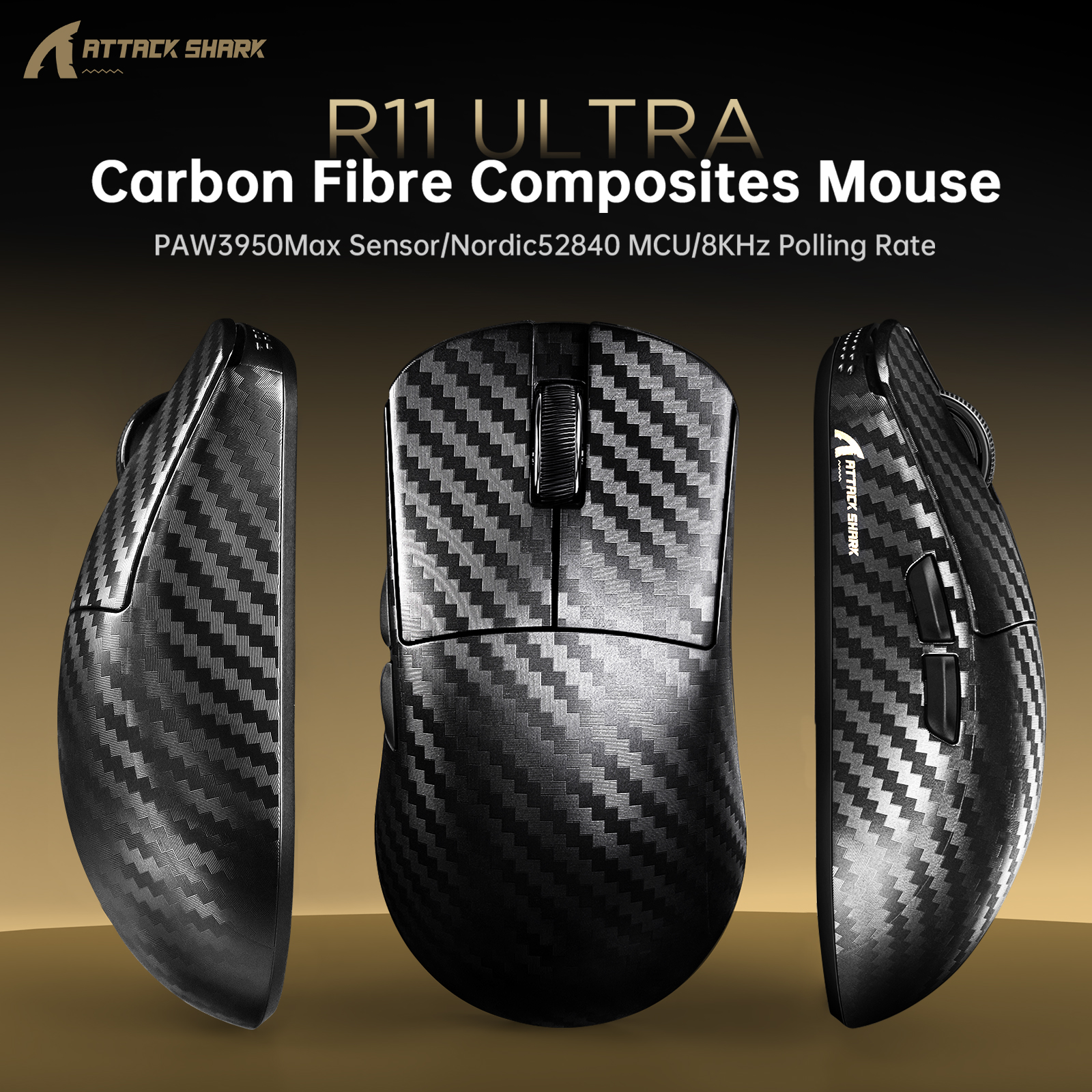 ATTACK SHARK R11 ULTRA Carbon Fiber Wireless 8K PAW3950MAX Gaming Mouse with C06 Ultra LED Cable