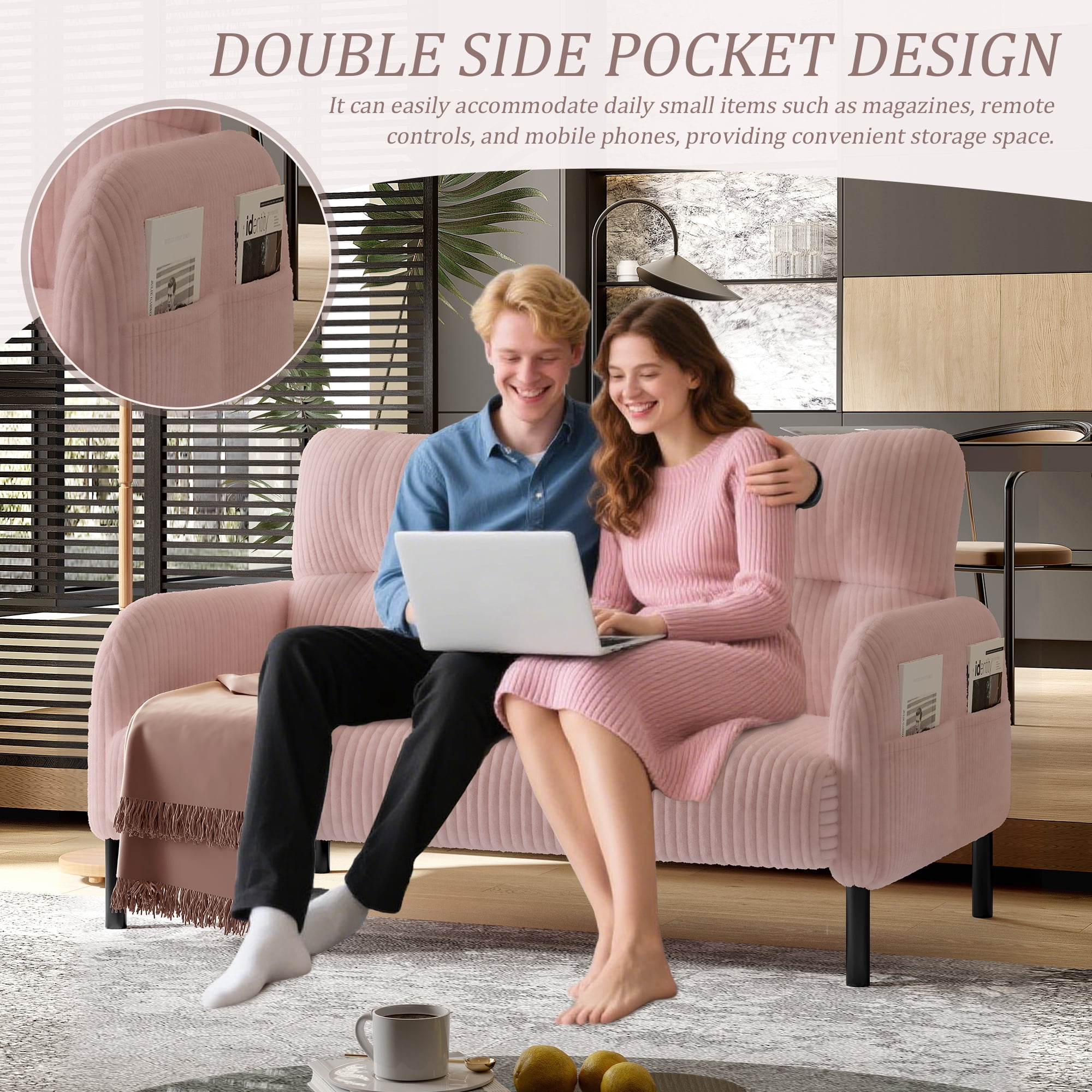Sofa for Living Room, Corduroy Sofa, Double Seater Sofa with Side Pockets and Ergonomic Support, High Density Foam, Modern Monochrome Design, Pink Corduroy Fabric