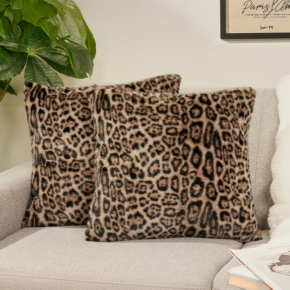 Sanmadrola Decorative Throw Pillow Covers 18x18 Plush Leopard Faux Rabbit Fur Cozy Super Soft Luxury Set of 2 Throw Pillow Cover for Christmas Sofa Couch Bed Living Room Home Decor