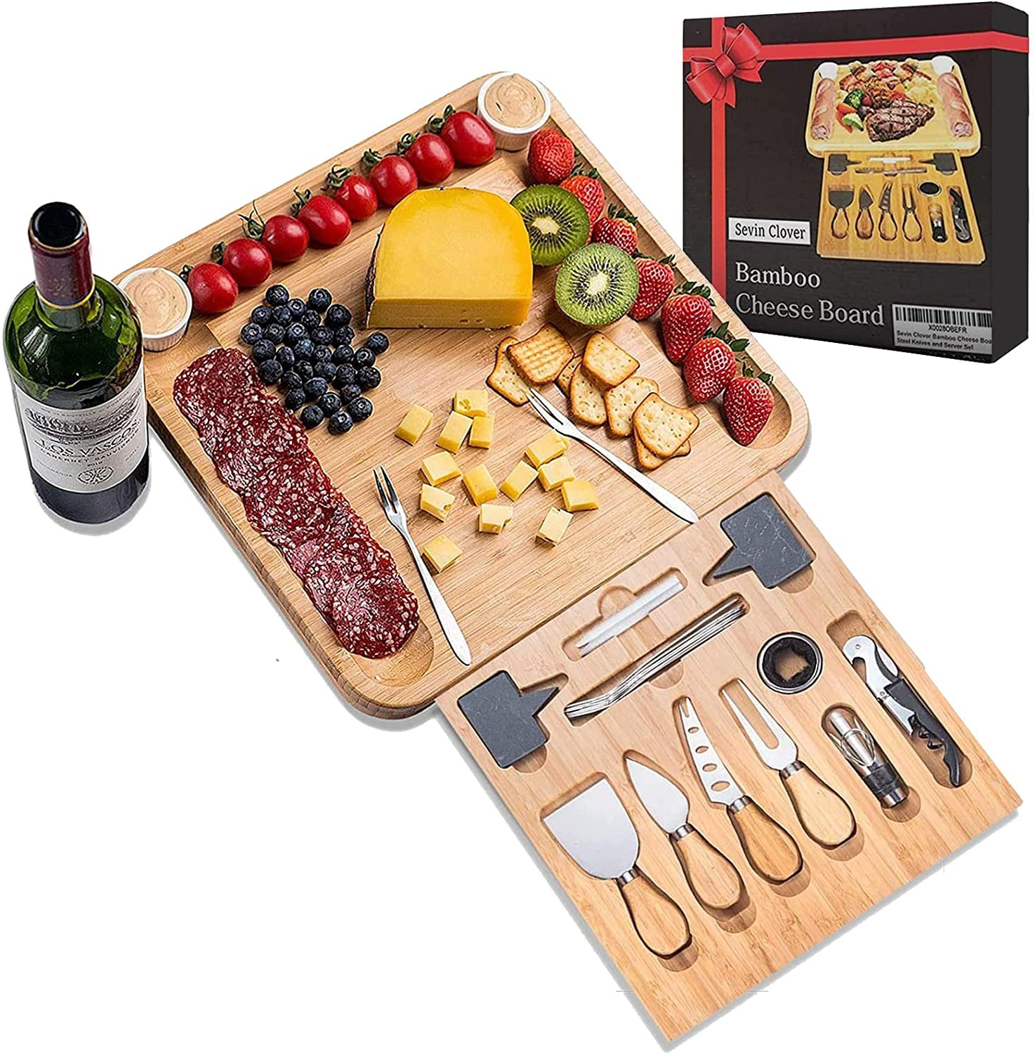 Bamboo Cheese Board Set with 4 Stainless Steel Utensils Included Serving Plate and More Charcuterie Plate Perfect House Warming Present Works as a Cheese Plate Cutting Board 