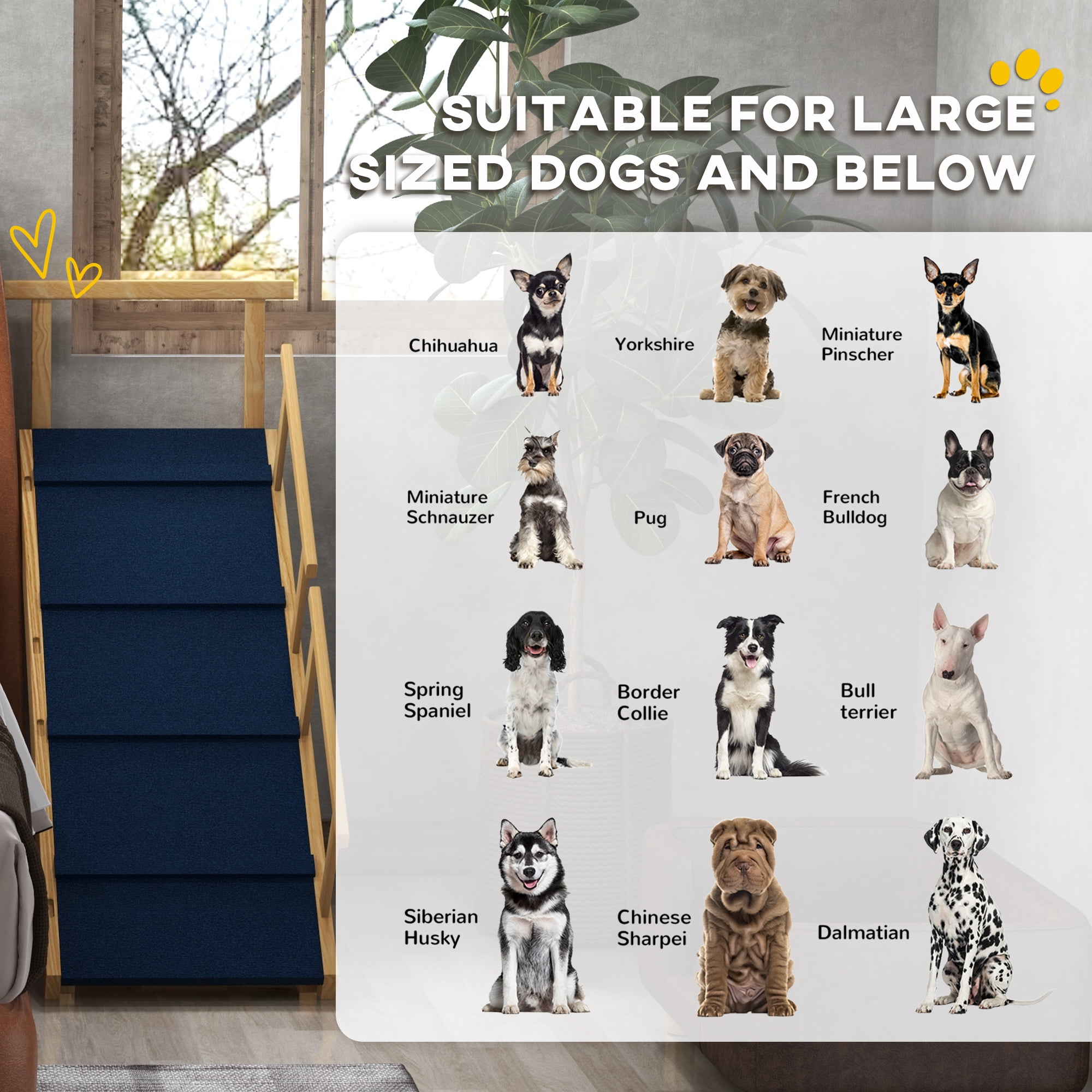 Dog Ramp, Adjustable 4 Height Pet Ramp, Foldable Wooden Dog Stairs with Non-slip Mat for Small to Large Dogs to Get on High Bed or Sofa Couch, Natural Wood Finish