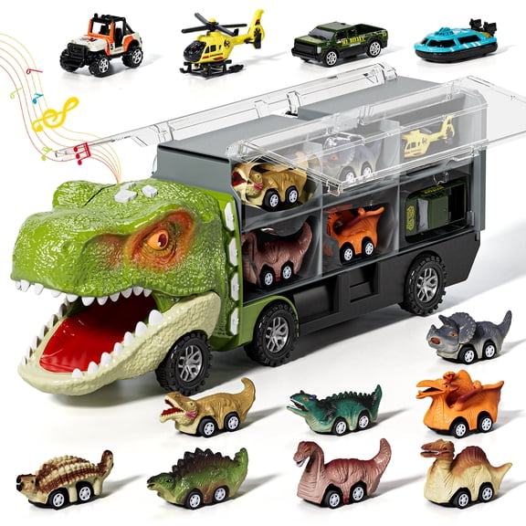 Dinosaur Toys Trucks for Toddlers, Boy Toys Car for Toddlers 2 3 4 5 Years Old, Transport Truck with 12 Pull Back Cars, 13 in 1 Car Carrier Truck Toy Sets, Best Birthday Christmas Gifts