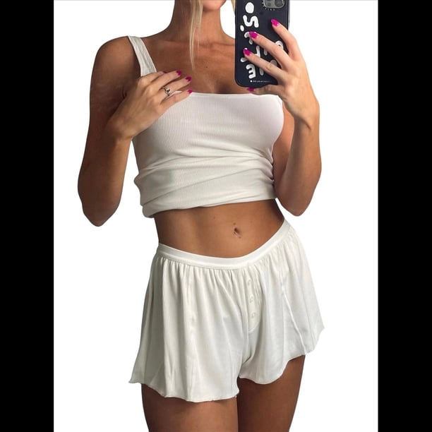 Conjunto de Verano para Mujer: Top Corto de Punto Acanalado y Pantalones Cortos con Bolsillo para Vacaciones. XL