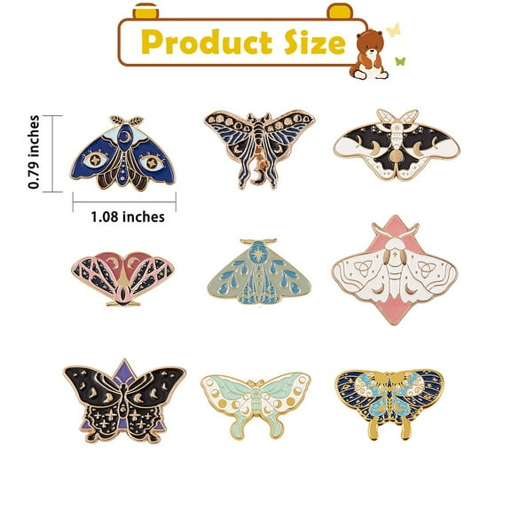9Pcs 9 Style Butterfly Alloy Enamel Brooches Enamel Pin for Backpack Clothes Mixed Color 15.5~30x27.5~34x9.5~10mm 1pc/style