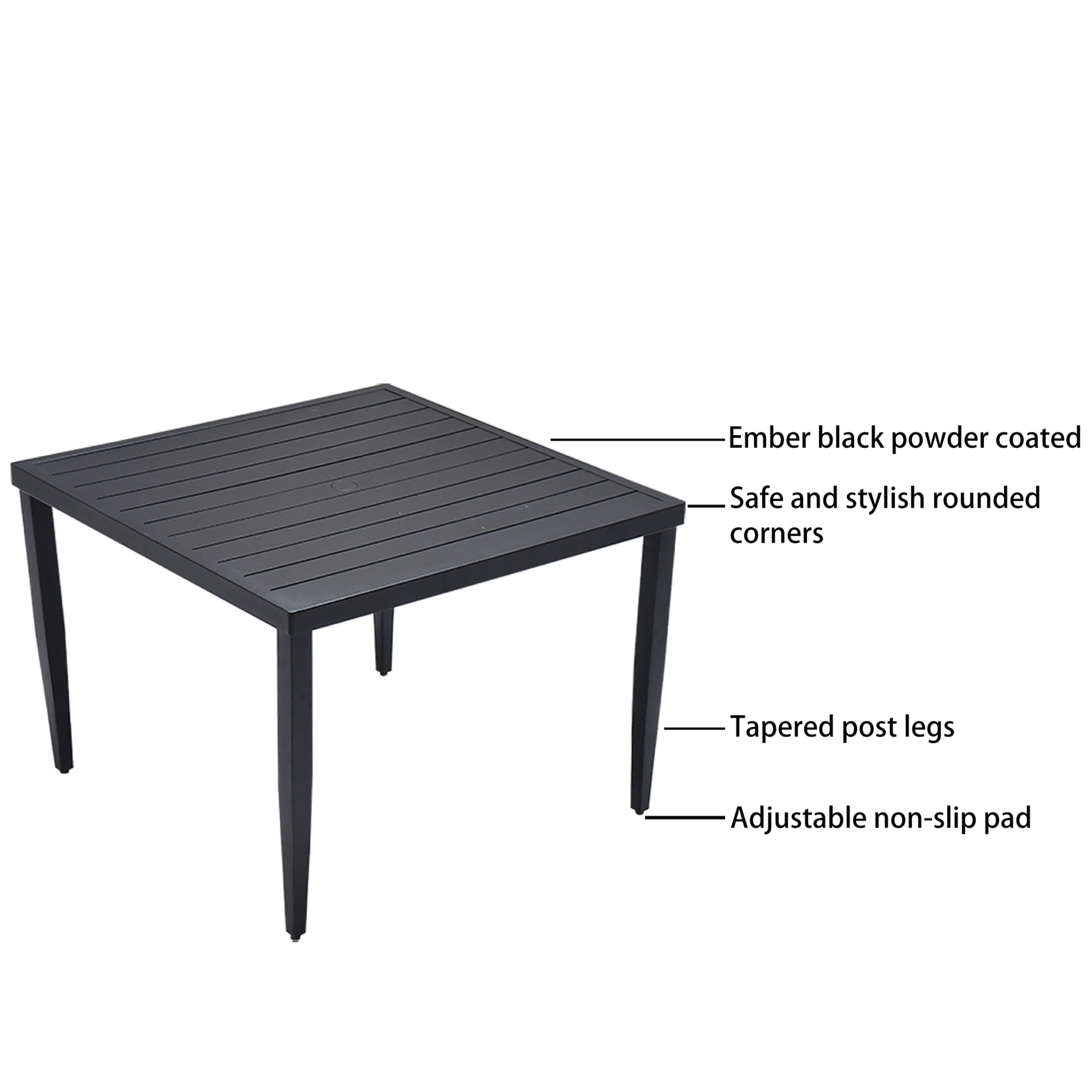 Noble House Loft 40" Square Aluminum Outdoor Dining Table, Umbrella Hole, Tapered Legs, for Patio, Garden, Ember Black