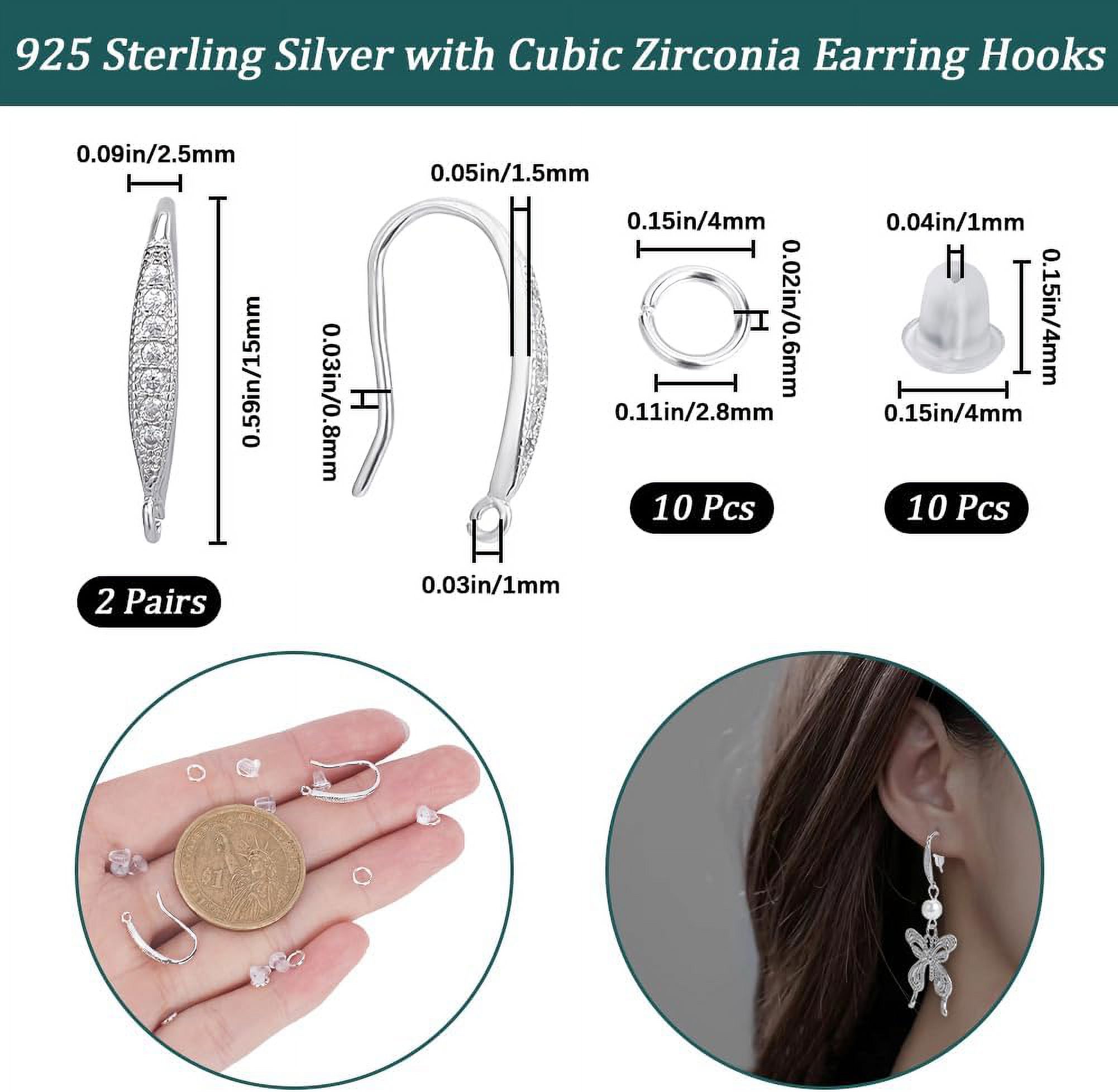 2Pairs Rhodium Plated 925 Sterling Silver Earring Hooks Ear Wire with 925 Stamp with Cubic Zirconia & 10Pcs Plastic Ear Nuts & 10Pcs Brass Jump Rings Real Platinum Plated 20 Gauge