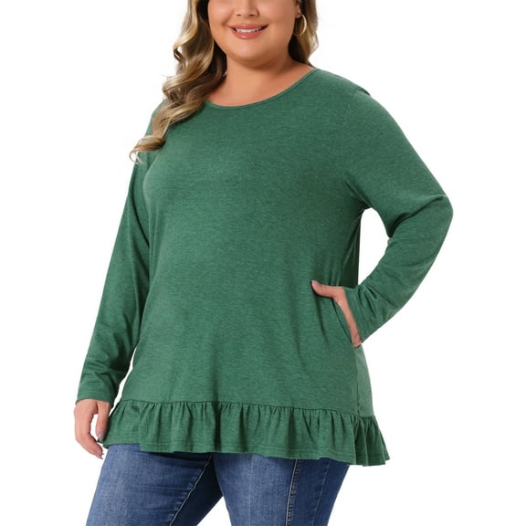 DARING DIVA Women's Plus Casual Long Sleeve Ruffled Hem Blouse 1X Green