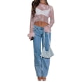 thumbnail image 2 of Faithtur Hauts d'Été en Maille Transparente pour Femmes Manches Longues Col Rond Patchwork Plume Clubwear, 2 of 6