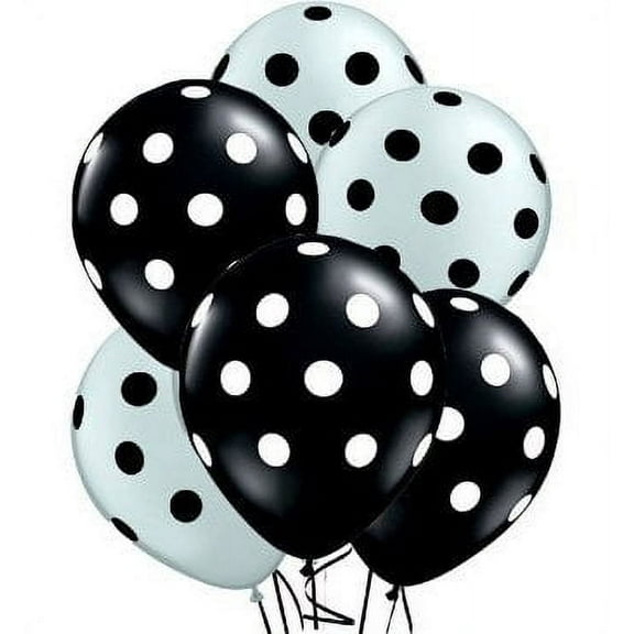Polka Dot Balloons 11in Premium Metallic Silver and Black with All-Over print White and Black Dots Pkg/12