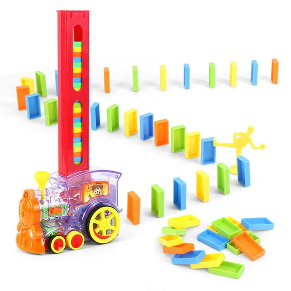 Dominoes Automatic Domino Train - Best Dominoes Train, Domino Train Blocks Set Building and Stacking Toy, Mexican Train Dominoes Set for Kids (Blue, 60 Pcs Dominoes)