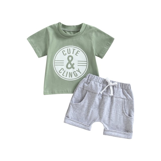 Gupgi Ensemble 2 Pcs T-Shirt à Manches Courtes Col Rond Imprimé Lettre pour Bébé Garçon Couleur Unie