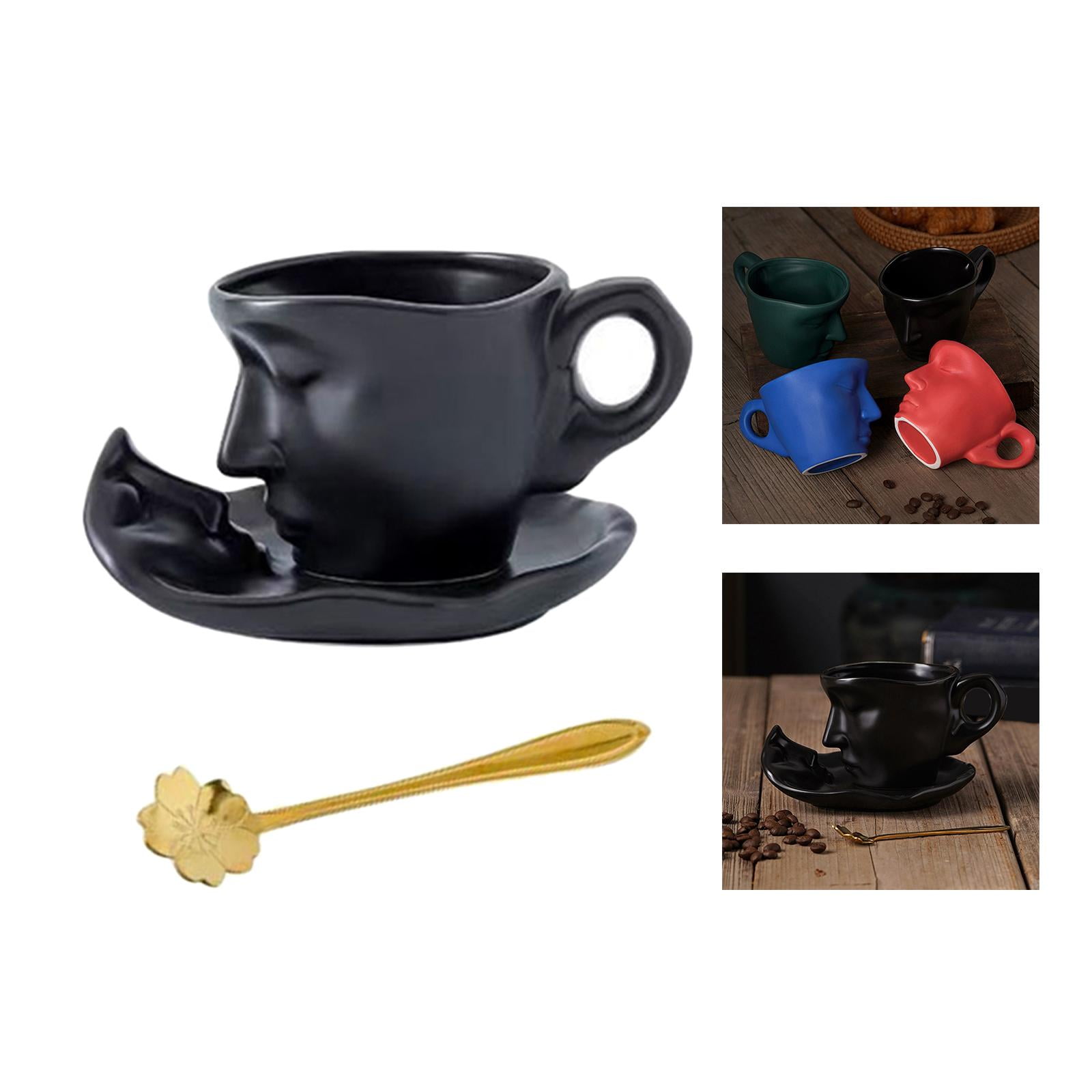 Fiocias 3D Human Face Kissing Mug with Spoons and Human Face Coaster Espresso Mugs 260ml Black