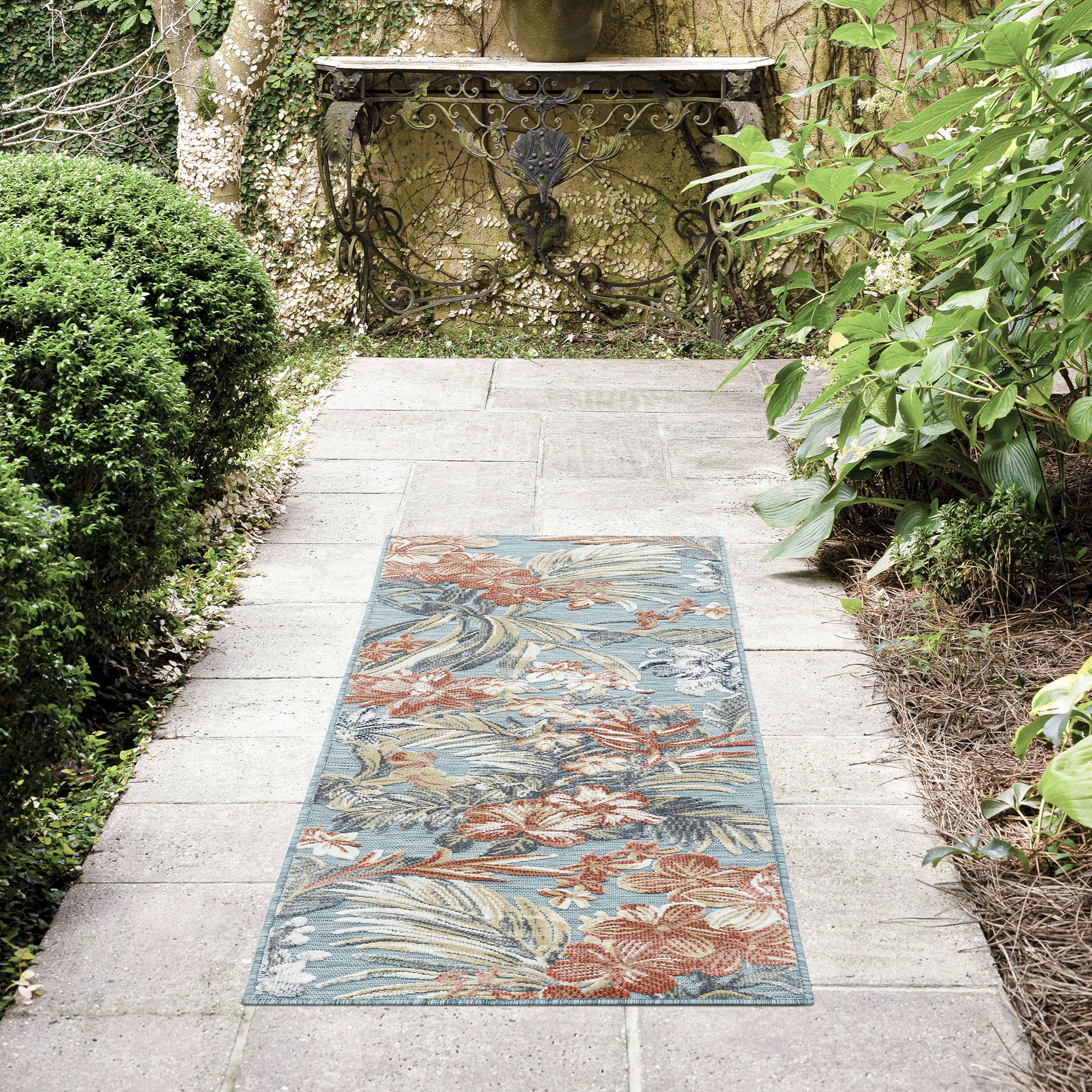 Bliss Rugs Floral Indoor Outdoor Rug Water Resistant Runner Rug for Patio, Hallway, Entryway, Deck, Aqua ,2' x 8'