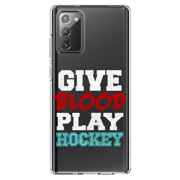 DistinctInk Clear Shockproof Hybrid Case for Samsung Galaxy Note 20 (6.7" Screen) - TPU Bumper Acrylic Back Tempered Glass Screen Protector - Give Blood Play Hockey