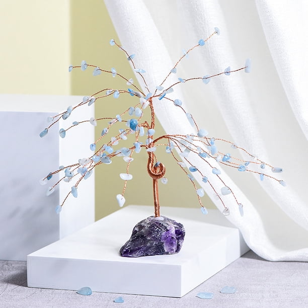 Nvzi 1 pieza de adorno de árbol de la vida con hojas de piedra natural triturada azul, base de piedra natural cruda morada, artesanía, adorno de escritorio para el hogar, decoración