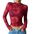 thumbnail image 2 of YTCAMLO Long Sleeve Shirts for Women Fashion See Through Mock Neck Shirts Floral Lace Mesh Tops Party Club Night Lace Blouses, Wine S, 2 of 5