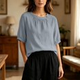 thumbnail image 4 of Womens Cotton Linen T Shirts Elbow Length Sleeve Crew Neck Tops for Women Summer Lightweight Tshirts, 4 of 6