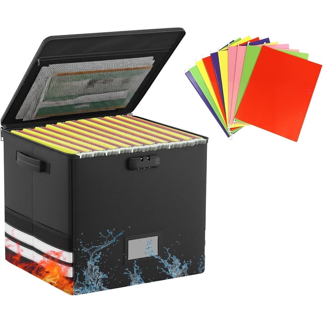 Caja de Archivos con Cerradura, Caja Organizadora Documentos con Tapa, Viene con 10 Carpetas Colgantes, Impermeable, Almacenamiento Plegable, Adecuado para Oficina, Hogar y Viajes