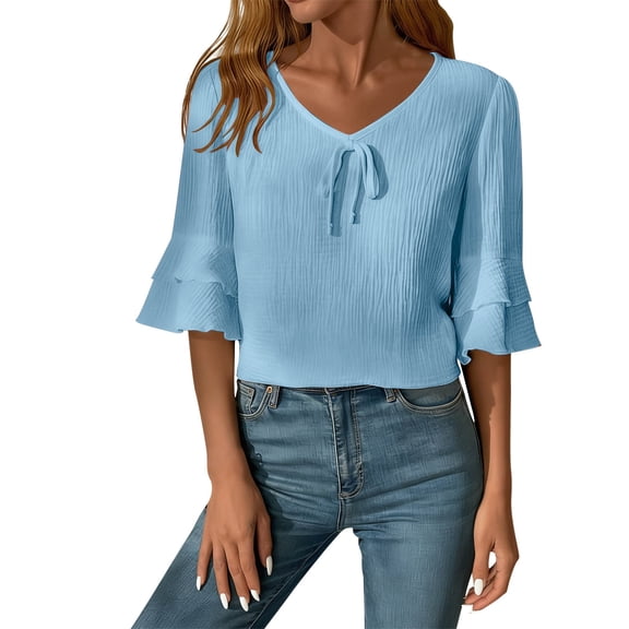 PUMISAS Summer T-Shirt For Women Elbow-Length Sleeve Casual Loose Tops V-Neck Casual Tunic Blouses Solid Color Pullover