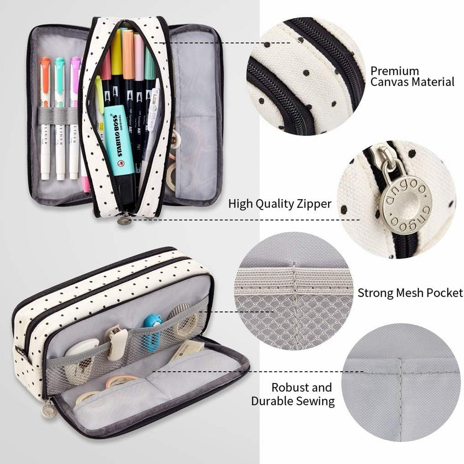 Large Capacity Pencil Case Polka Dot Pencil Pouch Multi Compartment Canvas Pencil Case Organizer Big Storage Pen Bag for Teens Supplies White Multi Pocket Pencil Case