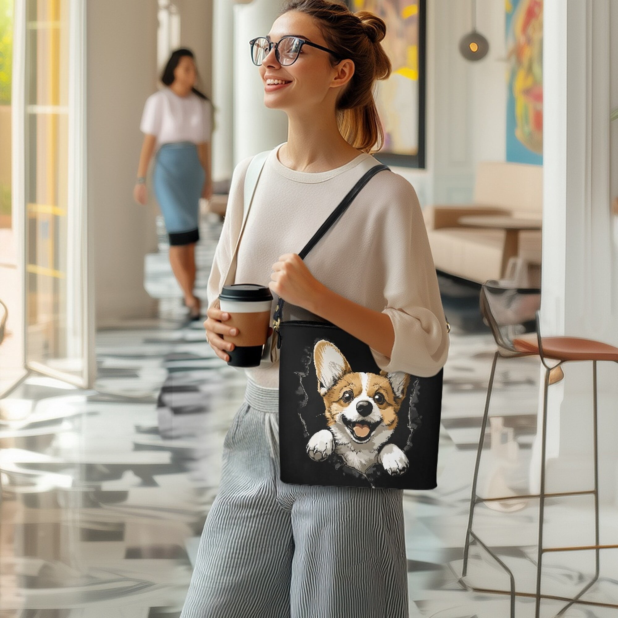 Kuiaobaty Corgi Hole Print Bucket Crossbody Bag for Women, Cute Lightweight Vegan Leather Shoulder Handbag Crossbody, Wear Resistant Bucket Tote Bag Handbag with Adjustable Strap for Travel