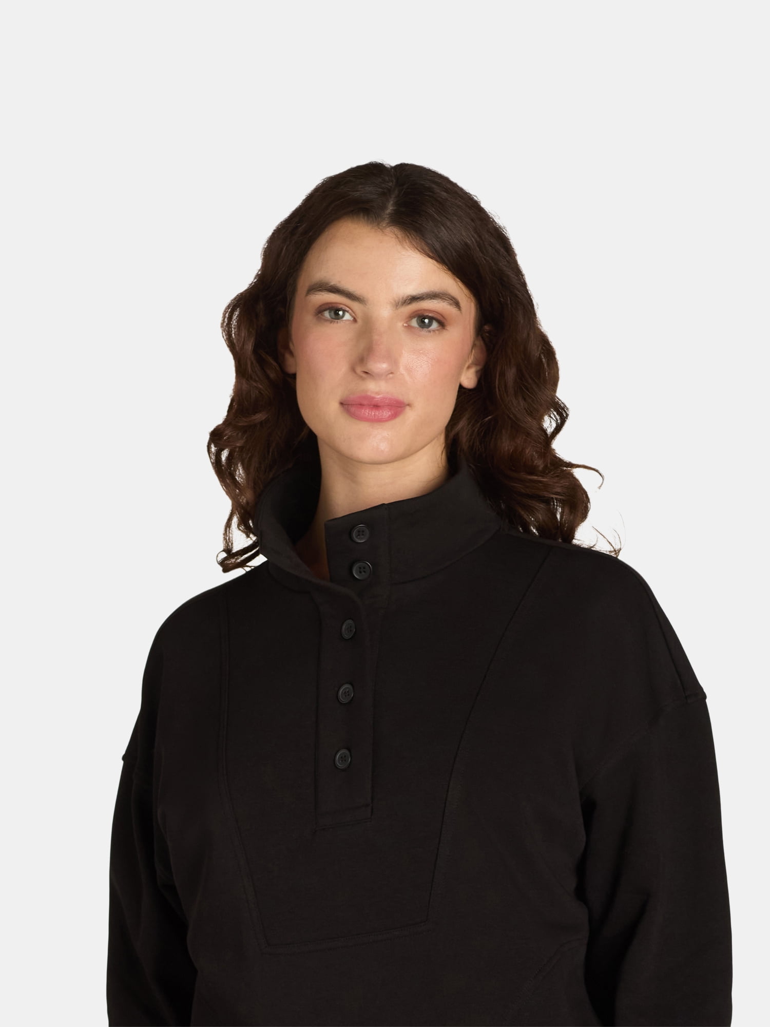 Time and Tru Women's Mock Neck Sweatshirt with Button Placket, Sizes XS-XXXL