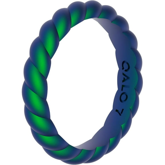 QALO Women's Rubber Silicone Ring, Twist Stackable Rubber Wedding Band, Breathable, Durable Engagement Silicone Ring, 3.3mm Wide 2mm Thick, Holographic Green, Size 5