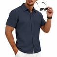 thumbnail image 6 of Domzest Men's Collared Shirts Short Sleeve Button Down Shirt Summer Casual Striped Textured Beach Shirt Navy XL, 6 of 8