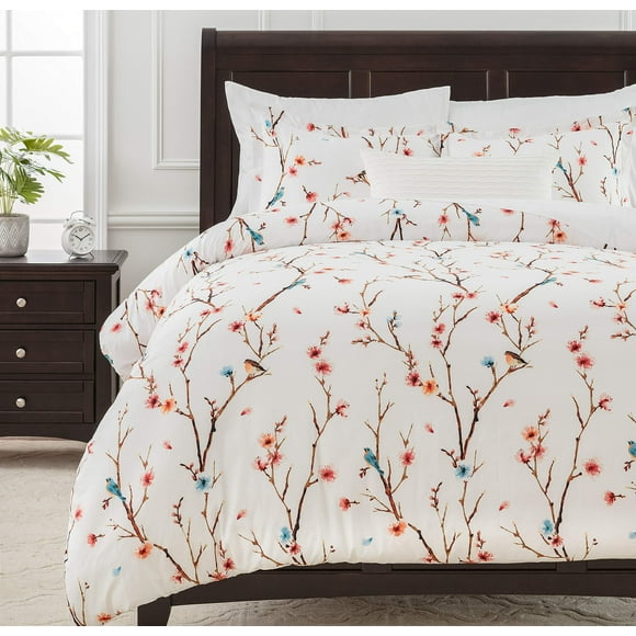 Chanasya Housse de Couette et de Couette de Printemps Premium à Fleurs de Cerisier Ensemble de Literie Format Très Grand - Imprimé Floral Aquarelle Ensemble 3 Pcs Ensemble Arbre de Sakura Couvre-Lit en Microfibre Imprimé - Doux Léger Respirant