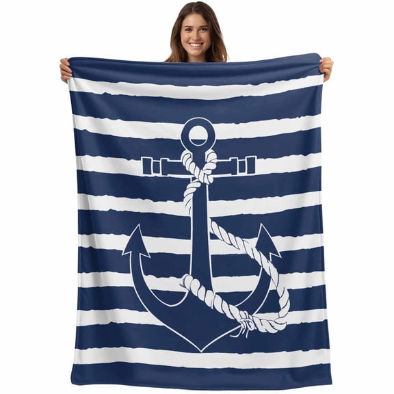 Nautical Anchor Throw Blankets, Navy Blue Striped Pattern Soft Fleece Blanket Decorative for Home Sofa Couch Chair Living Bedroom, 30x40 Inches,