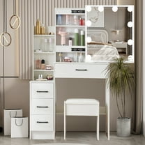 Teousev Vanity Desk with Lights Makeup Table with Slidable Mirror Modern Dressing Table with Drawers & Cabinet, White
