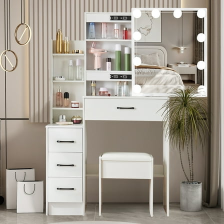 Teousev Vanity Desk with Lights Makeup Table with Slidable Mirror Modern Dressing Table with Drawers & Cabinet, White