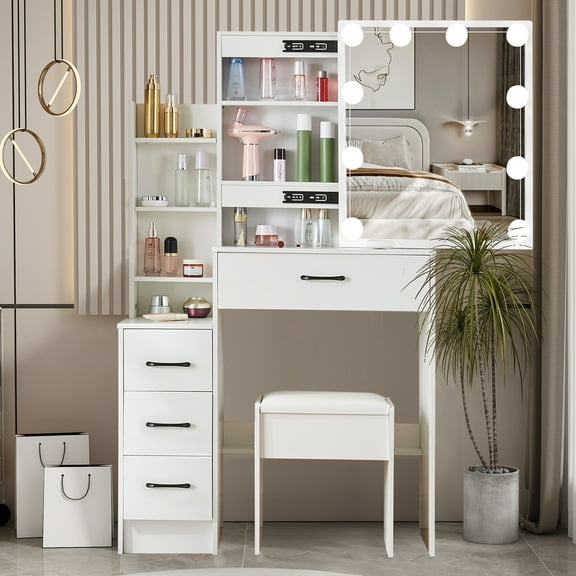 Teousev Vanity Desk with Lights Makeup Table with Slidable Mirror Modern Dressing Table with Drawers & Cabinet, White