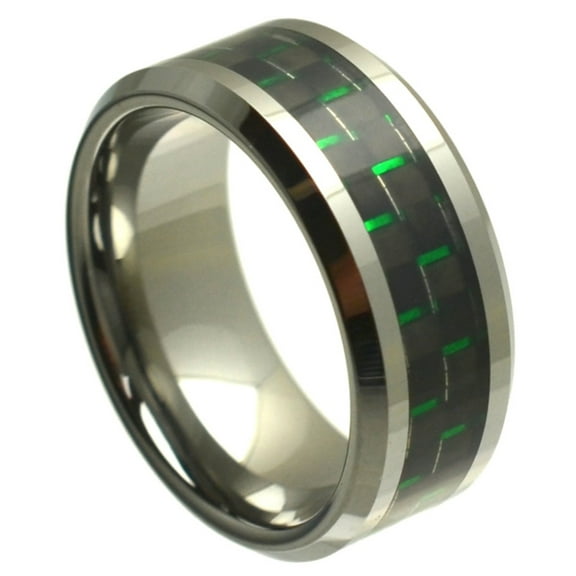 8mm Tungsten Carbide Beveled Edge and Green& Black Carbon Fiber Inlay Wedding Band Ring For Men or Ladies