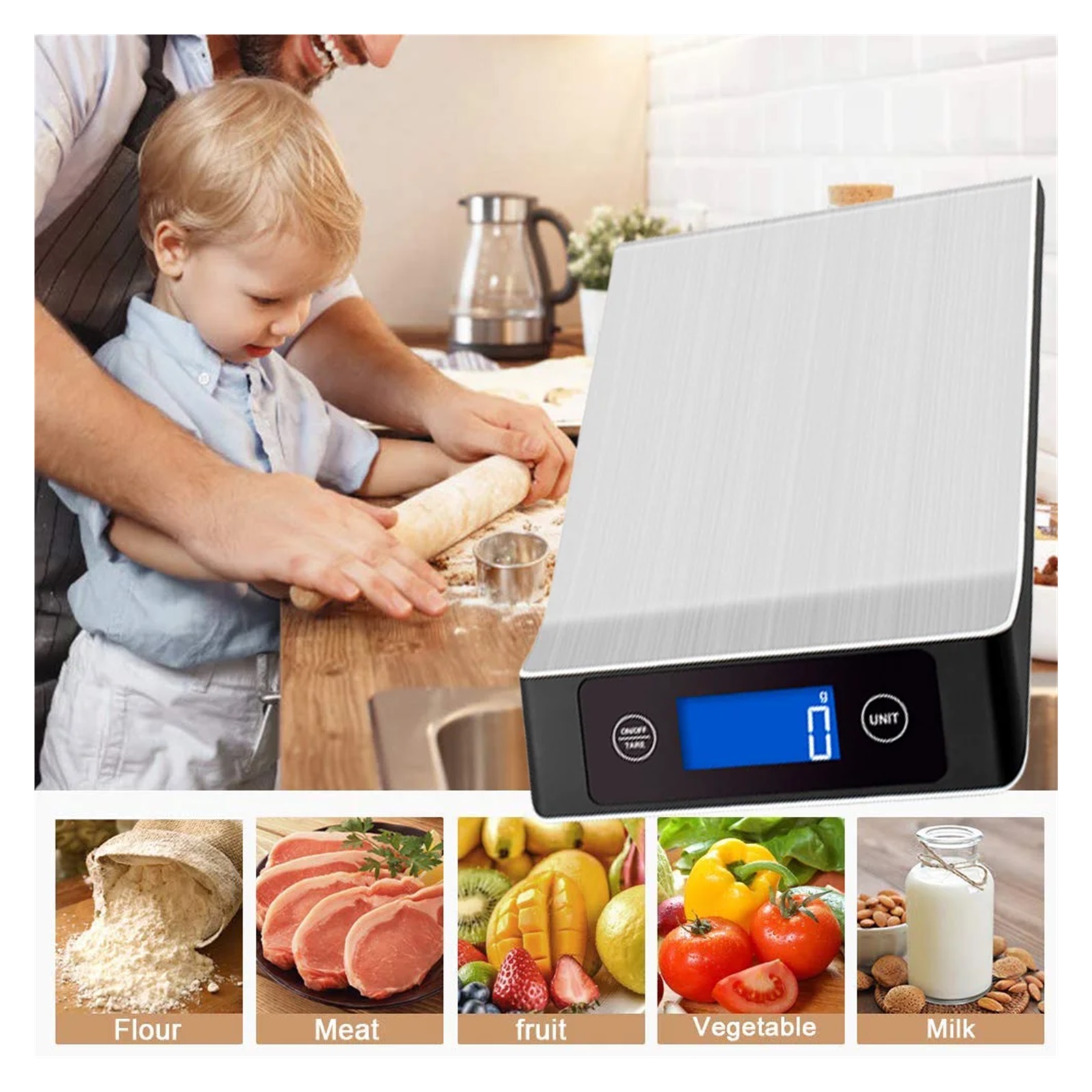 Kitchen Electronic Digital Scales, 15Kg/1g Weighs Food Cooking Baking Coffee Balance Smart Stainless Steel Digital Scale Grams - High Precision