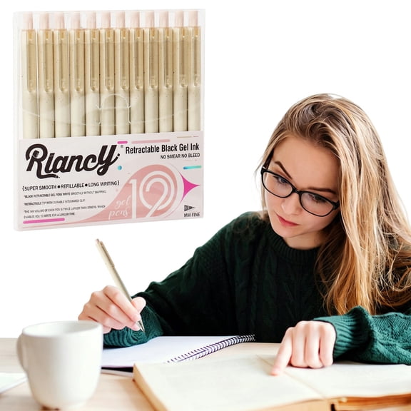 Beige Wheat Straw Gel Pens 12 Pack Retractable Ballpoint Pens 0.5mm Fine Point Black Ink Aesthetic Writing Pens for Office