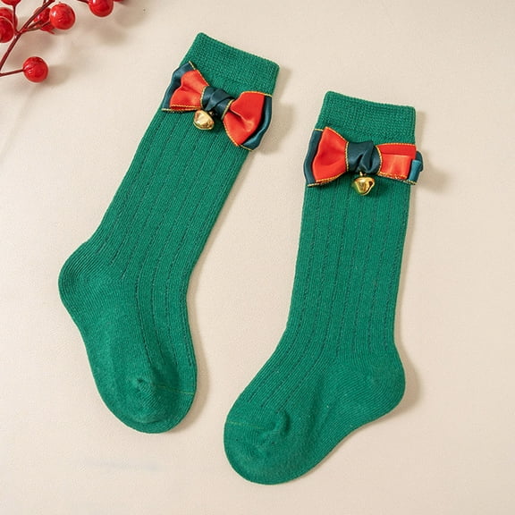 Lilgiuy Christmas Socks for Newborn Infants Girls Tube Ruffled Long Stockings with Bow Knot Toddlers Warm School (Green, 2-4 Years)