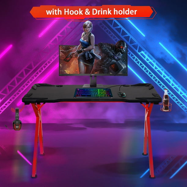 Costway 48'' K-shaped Gaming Desk Computer Table with Cup Holder &  Headphone Hook