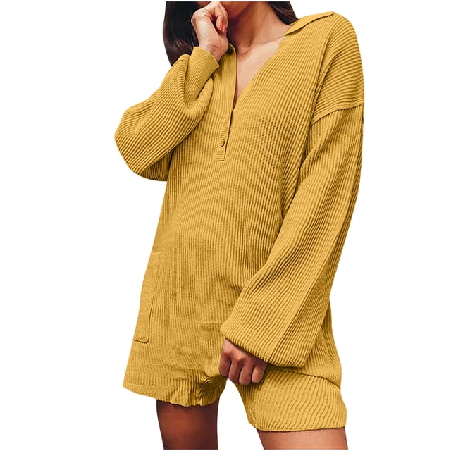 AherBiu Sweater Rompers for Women Long Sleeve Wide Leg Short Jumpsuits Button Lapel V Neck Knit Overalls
