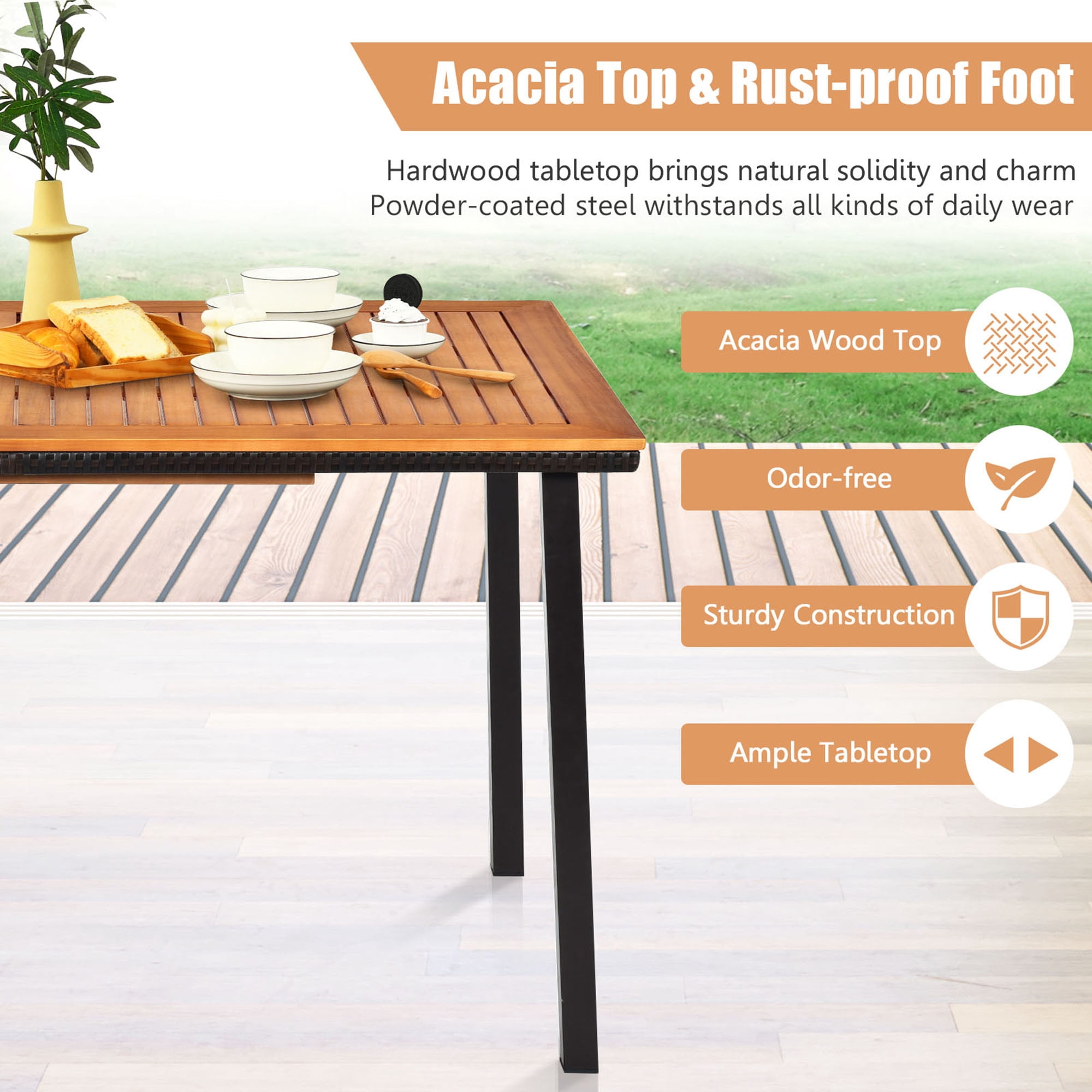 Gymax Rectangle Patio Outdoor Dining Table Acacia Wood Tabletop with 2" Umbrella Hole