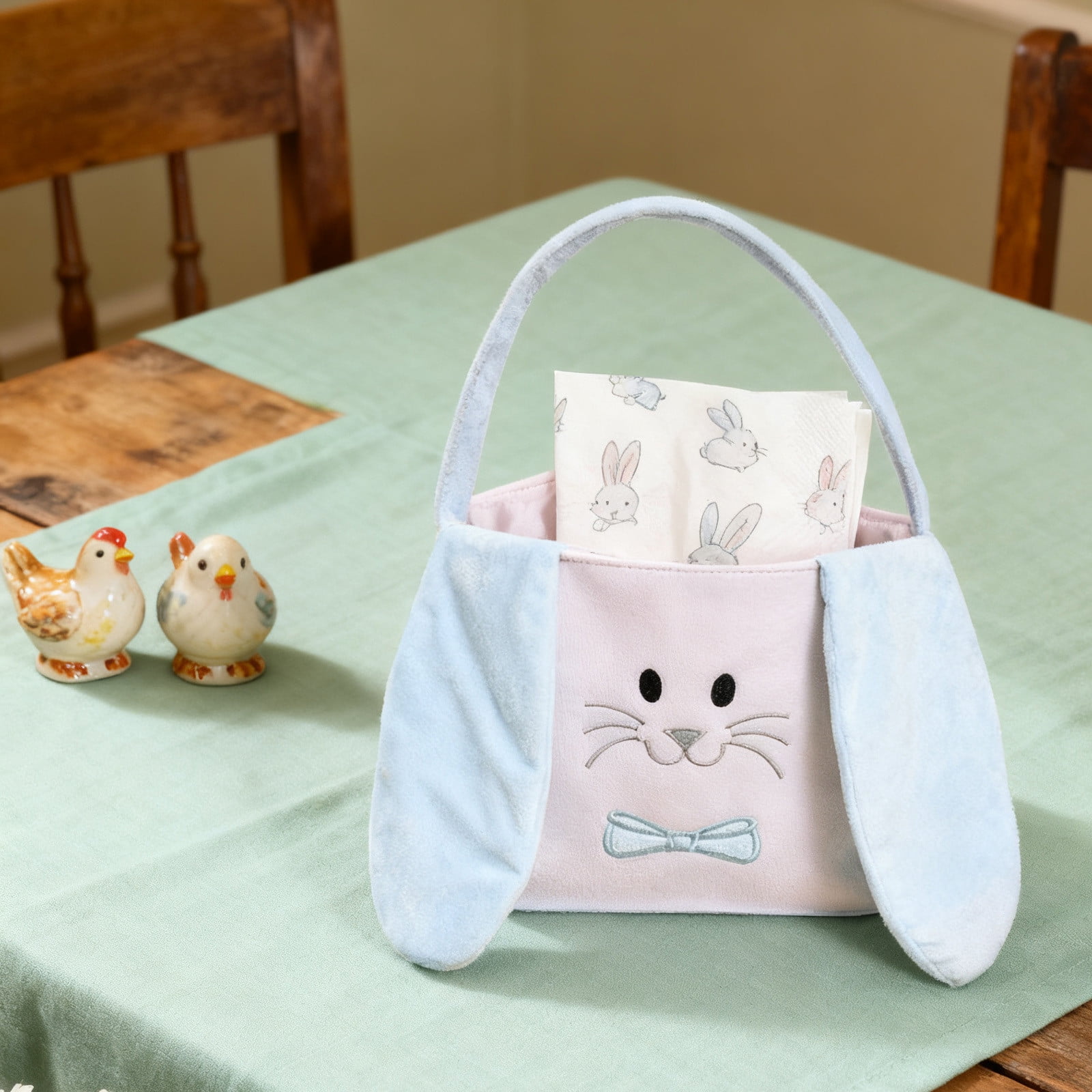 ToyKingdee Easter Basket Easter Bunny Basket, Cute Fluffy Bag with Foldable Ears, Plush Rabbit Tote Bags for Easter Egg Hunts Decorations Candy Gifts Storage